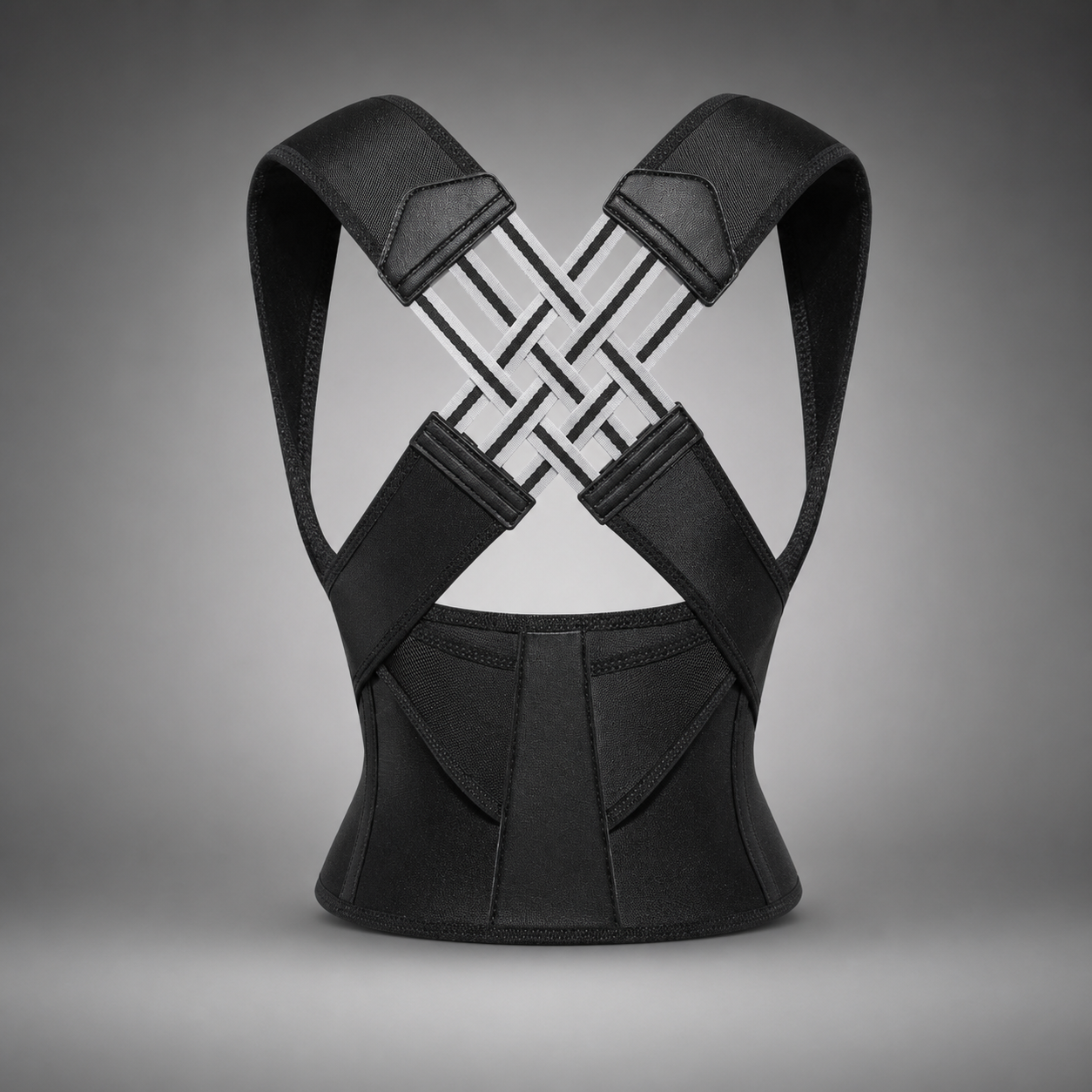 A black posture corrector brace shown from the back, featuring wide shoulder straps that cross over the upper back in an X-shape with a woven pattern, and a contoured lower back support section, set against a neutral gray gradient background.