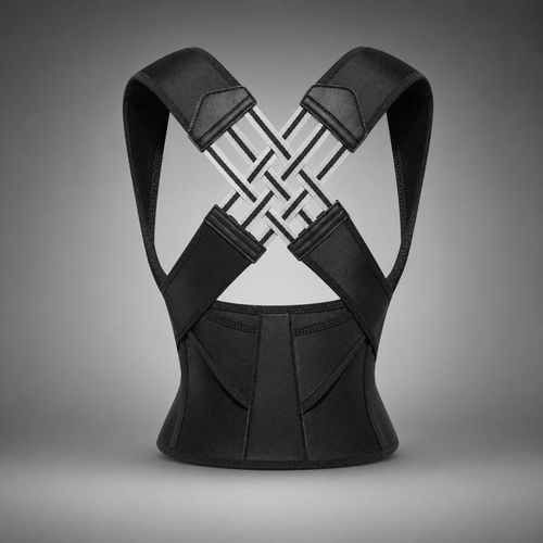 A black posture corrector brace shown from the back, featuring wide shoulder straps that cross over the upper back in an X-shape with a woven pattern, and a contoured lower back support section, set against a neutral gray gradient background.